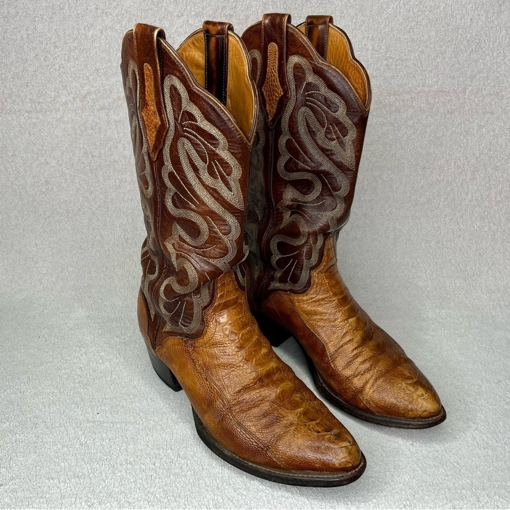 Vintage El Dorado Ostrich Leg Western Cowboy Boots Mens 9D Brown/Tan Leather VTG
